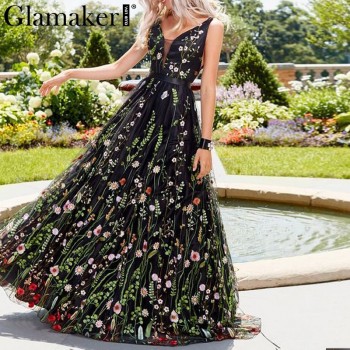 Mesh embroidery floral maxi dress Women backless deep v neck loose dress elegant Black